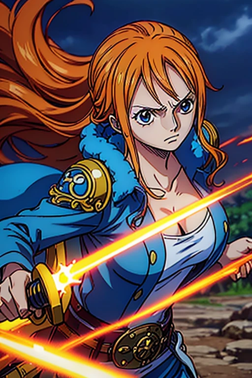  (Best Quality, 4K, 8k,  High Resolution , masterpiece:1.2), Super detailed, (Realistic, photoRealistic, photo-Realistic:1.37),  Preserving Anime Style ,Nami from One Piece,Brave look,Pale orange hair ,Left shoulder tattoo,Large Breasts, Female warrior, female knight,Holy Sword Knight Armor Outfit,shield,Wield a blue sword,He is a capable thunder magic swordsman,aura, A World Where Blue Lightning and Light Shines,The destructive power of a thunder magic sword 