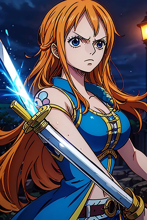  (Best Quality, 4K, 8k,  High Resolution , masterpiece:1.2), Super detailed, (Realistic, photoRealistic, photo-Realistic:1.37),  Preserving Anime Style ,Nami from One Piece,Brave look,Pale orange hair ,Left shoulder tattoo,Large Breasts, Female warrior, female knight,Holy Sword Knight Armor Outfit,shield,Wield a blue sword,He is a capable thunder magic swordsman,aura, A World Where Blue Lightning and Light Shines,The destructive power of a thunder magic sword 