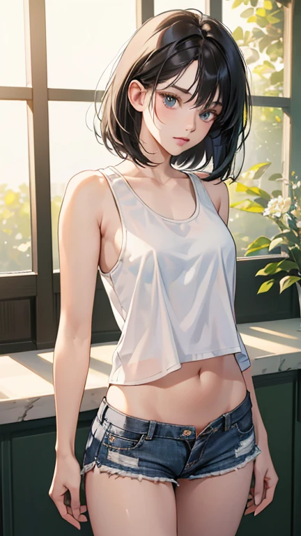 ((masterpiece, best quality)),((highres:1.2)), 1 Girl, solo, Cowboy Shot, Blurred Background, (((Small breasts))), Thighs, (camisole), Off the shoulder, (short pants)