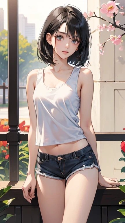 ((perfect anatomy:1.5,realistic:1.3,RAW Photography:1.3,masterpiece、highest quality、Ultra - High resolution、High resolution、Highly detailed CG、8K)),cowboy shot,1 female,solo,guitarist,.18-year-old、High school girl beautiful girl,Japanese,((beautiful detailed face and eyes:1.2,big gorgeous eyes:1.2,gray eyes)),dark brown hair,short bob hair,bangs,medium breasts,slender body,small head:1.3,skinny,(oily skin,gleaming skin,shiny skin、sweat)、sitting,black tank top、plaid pleated skirt、Backstage、Harajuku、Tokyo、
