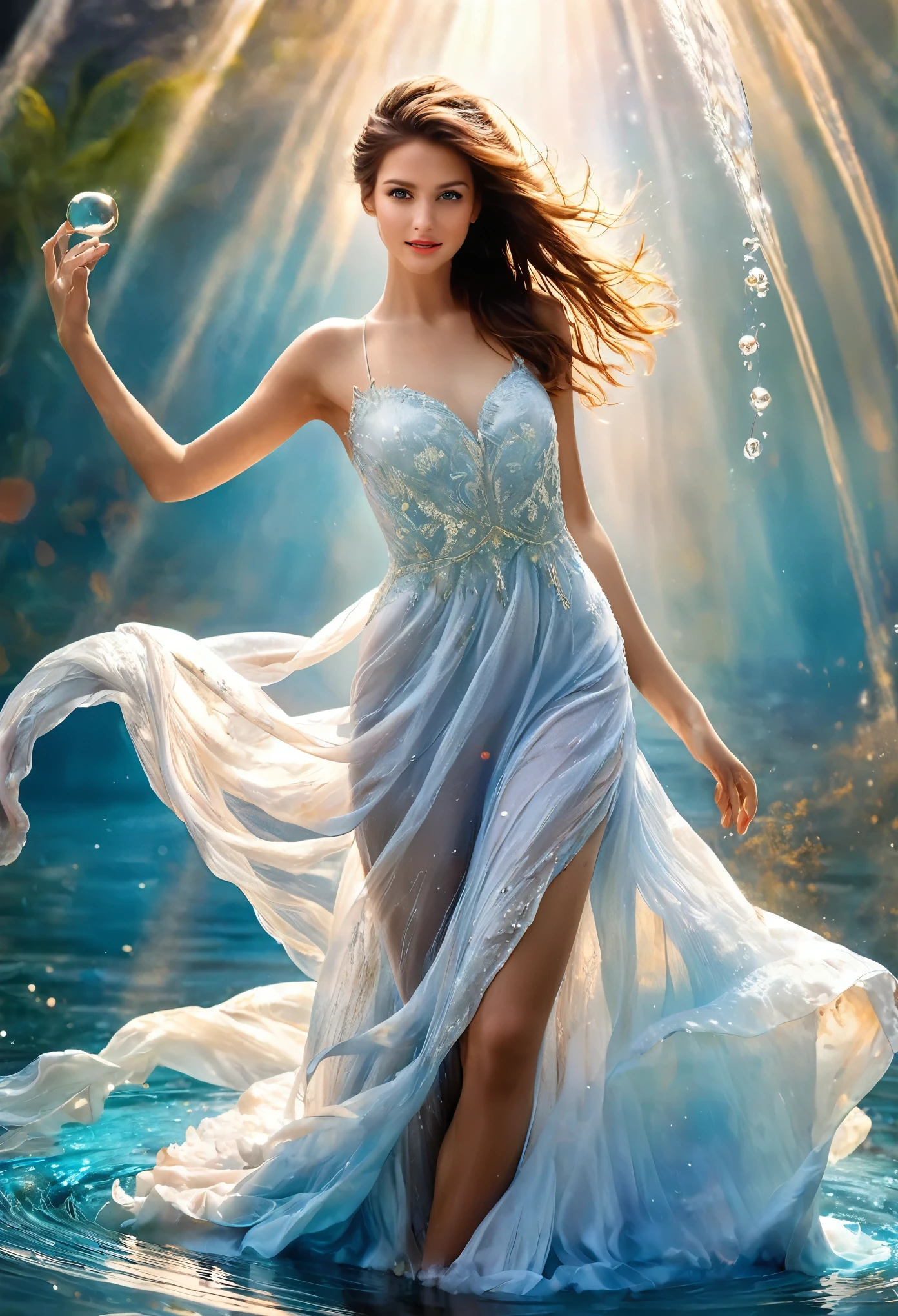 beautiful woman,  dynamic pose , Smooth movement, (water, white very transparent dress with water pearls, stream of water, controlling water:1.2),  smile, whole body, Thin press , face ultra-detailed,  Detailed eyes , shining skin, shiny lips , , bushy eyes, detailed backgrounds , shades of blue,   ethereal atmosphere , , (offcial art, Unity 8k papel de parede, ultra detailed,  beautiful and aesthetic , master part , best quality :1.3), full height, full body , bare feet 