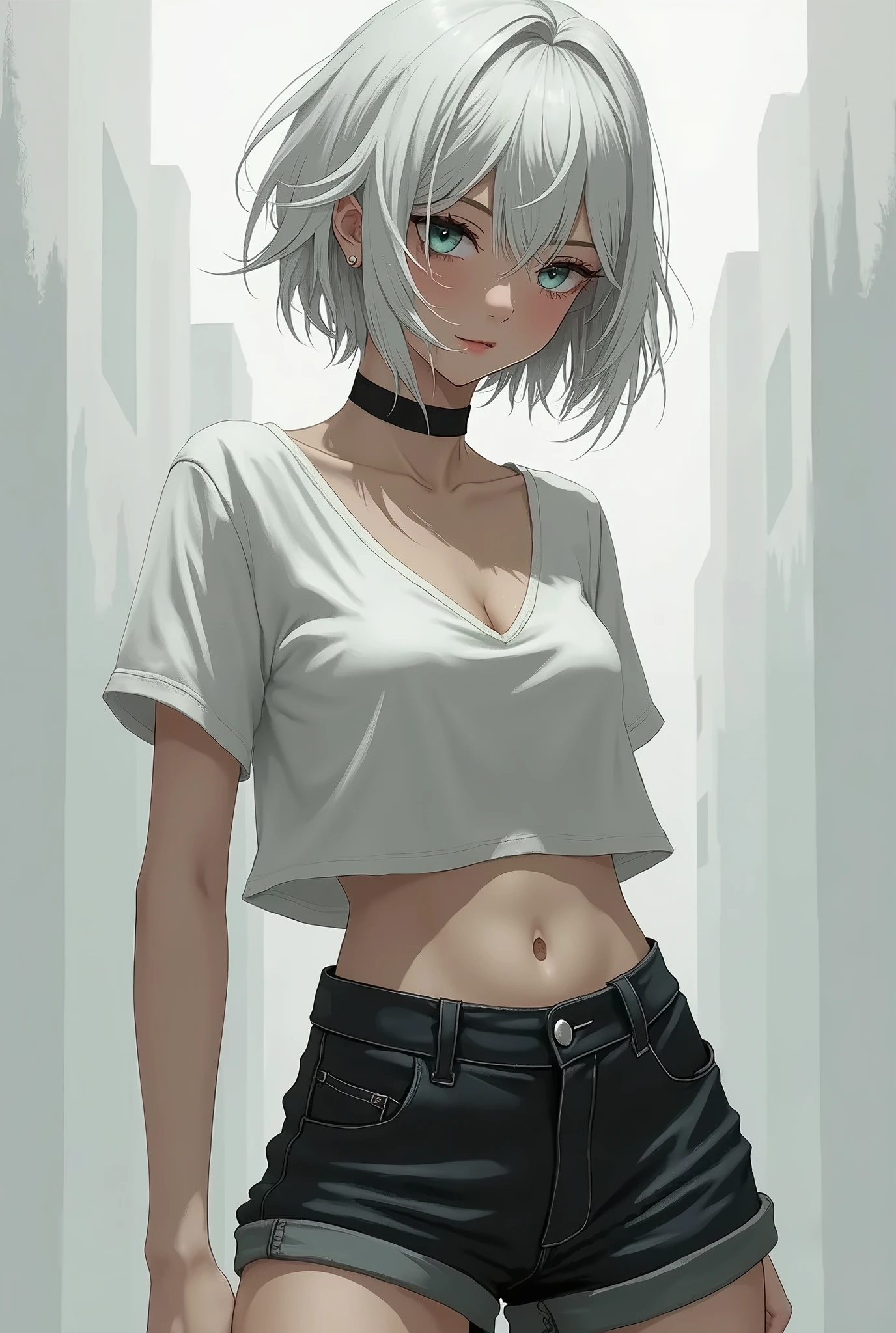 ((Highest quality、Masterpiece、Very detailed、4K))、One Woman、White shirt、No sleeve、Shorts、Purple Eyes、Gray Hair、stand、
