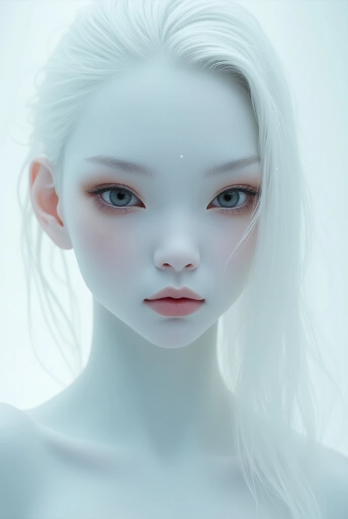 A WHITE, with hair falling over the shoulder and slanted eyes with eyeliner, thin face and small teeth