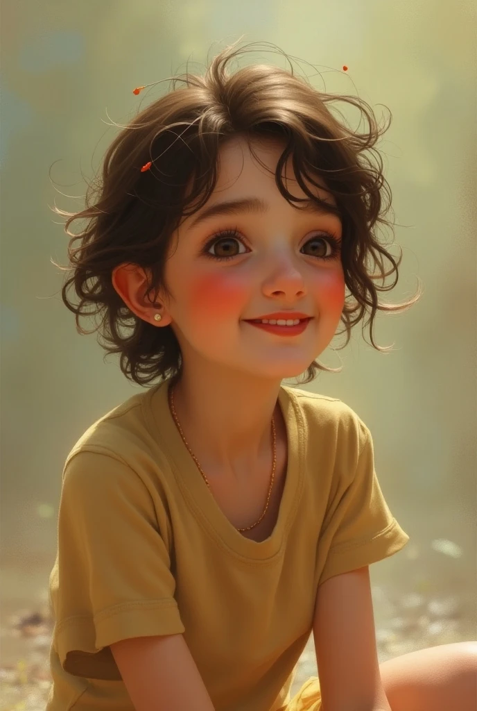 one 3 years old girl , smiling,  beautiful, short hair ,half body shot, looking at the viewer, masterpiece, best quality, super detailed.