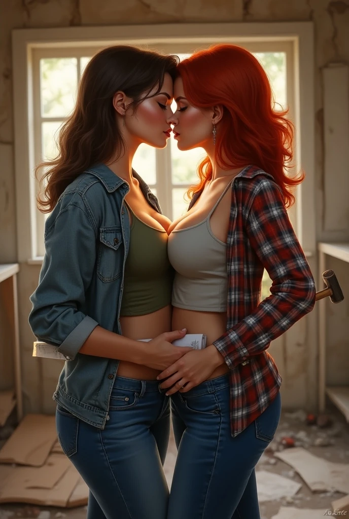 fantastic realism, bokeh,  ultra detailed, 2girls facing each other, chest against chest, kiss, red head and blond girl, underwear, indoors, narrow storage room, detailed background,