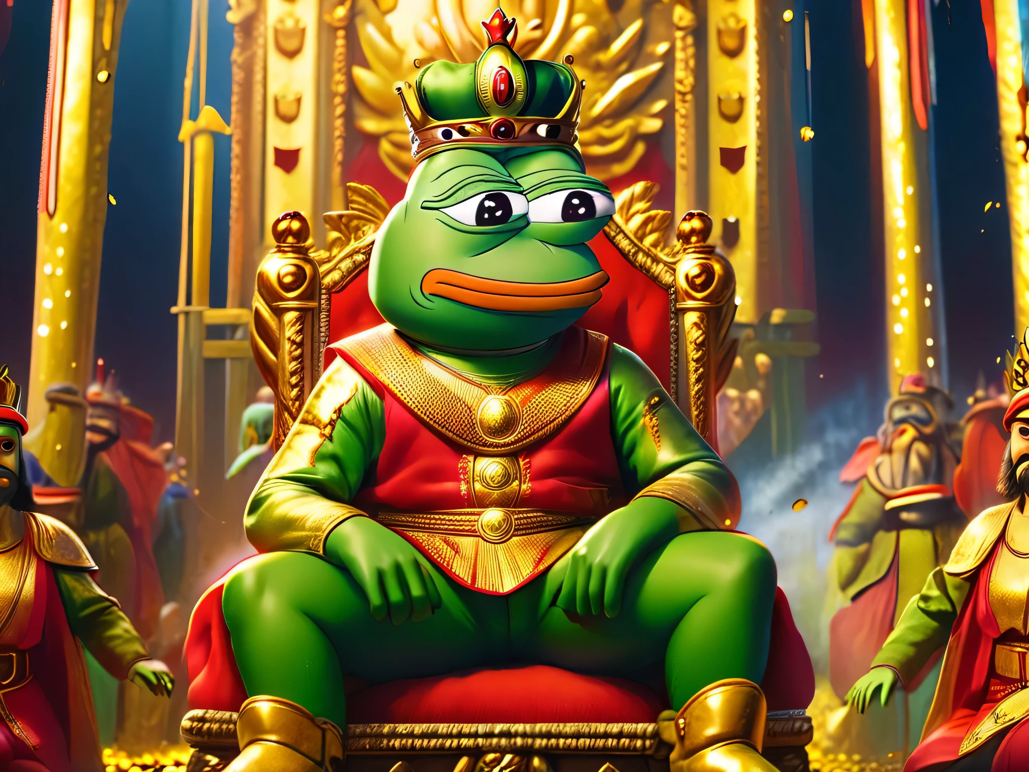 Pepe the frog character，Sitting on the throne，Wearing a crown，Gold is scattered all around，Facing the screen,front view,from_below,Green clothes