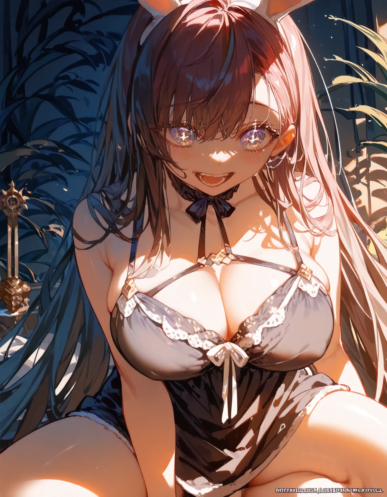 (High-definition masterpiece, Ultra-high resolution, High Details, High Resolution Model, Best Quality:1.2)Tree Eyes,Black negligee, shorts , Shining, firm thighs　Thigh Emphasis,Black underwear　sexy　Alluring　open underwear