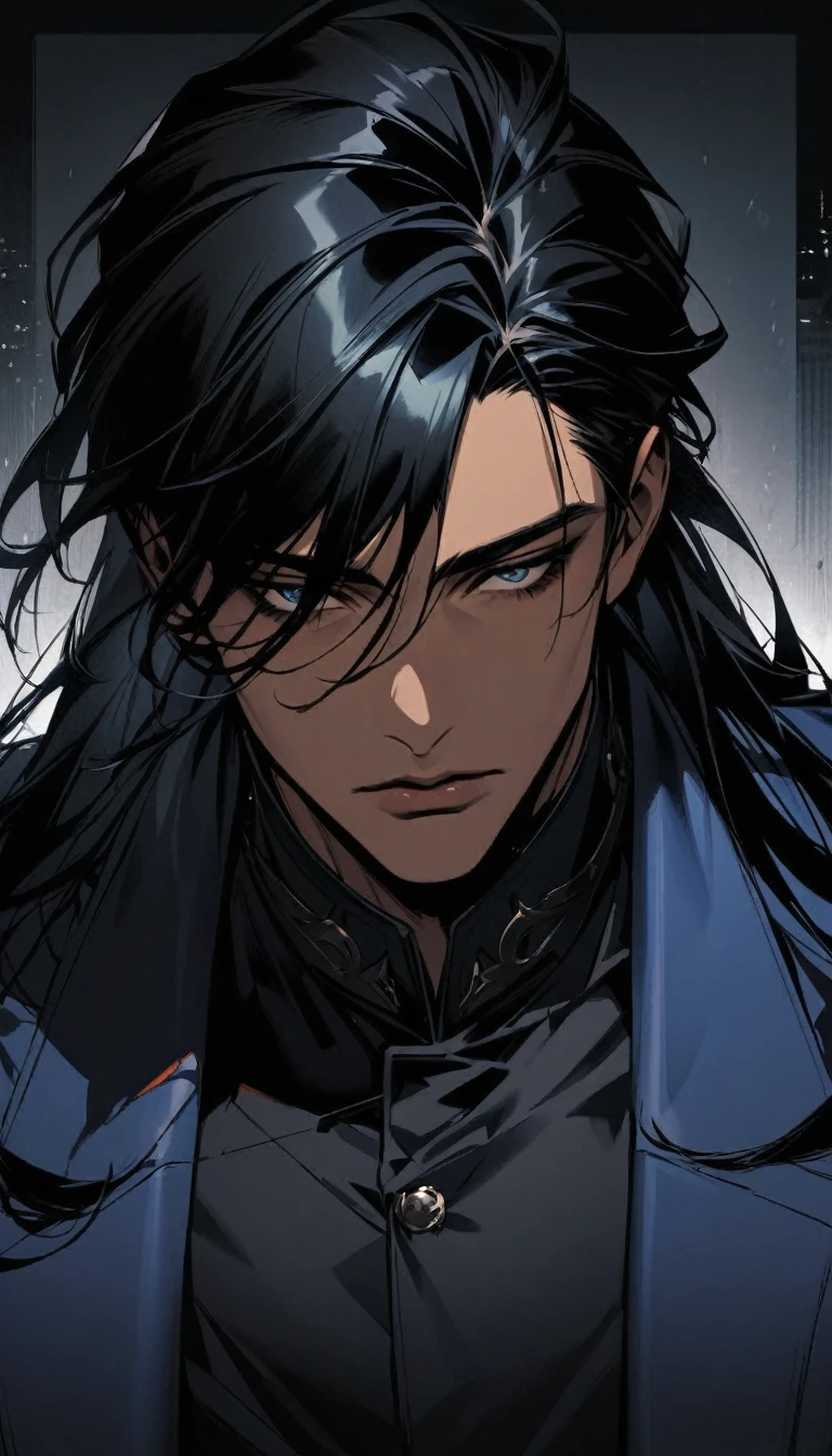 A semi-realistic anime-style man with a calm and composed expression. Age 27. He has long, sleek black hair, cool demeanor. His complexion is a healthy tan, with warm undertones that contrast nicely with his dark features. His face is sharp and symmetrical, defined by high cheekbones, a strong jawline, and a sharp, slightly pointed nose. His large, almond-shaped eyes are dark and deep, conveying a sense of observant calm, framed by thick, well-groomed black eyebrows. His expression is neutral, exuding quiet confidence as his full lips rest in a relaxed line. He wears a blue trench coat with subtle accents in dark blue, the collar slightly raised, framing his face. The lighting is soft yet dramatic, creating gentle shadows that enhance the contours of his facial structure, particularly around his cheekbones and jawline, giving him an air of mystery. Loose strands of long hair fall gracefully into the frame, adding a touch of dynamism while maintaining his composed demeanor. The background is blurred, featuring hints of an urban night setting, keeping the focus entirely on his captivating eyes and sharp features. The entire image radiates power, elegance, and a sense of introspective observation.