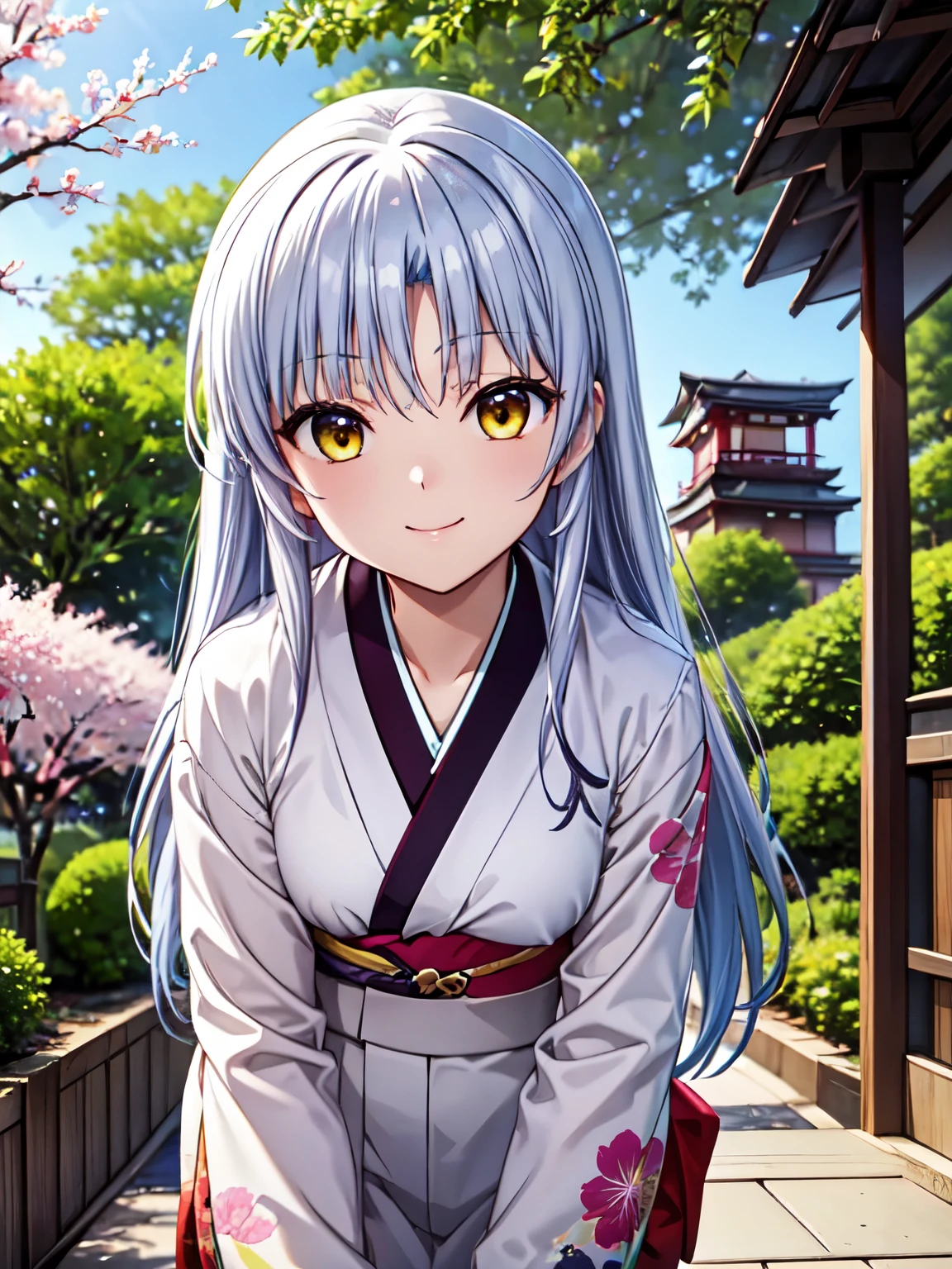 Best Quality,  very high quality,Kanade Tachibana,One Girl、solo、Silver Hair、Charming yellow eyes 、 very detailed faces 、smile、Closed Mouth,garden、cherry blossoms、 beautiful cherry blossoms blooming beautifully、stroll,(Japanese Kimono:1.3),　Highest quality、smile4Ｋ，8Ｋ,(Genuine、Genuine志向、写真Genuine志向:1.5）、 High Resolution 、超 High Resolution 、Ultra-high definition paintings、 Attractive beautiful eyes、 ( beautiful eyes drawn in detail:1.2), Ultra-detailed, figure, beautiful detailed eyes, cowboy shot、Leaning forward