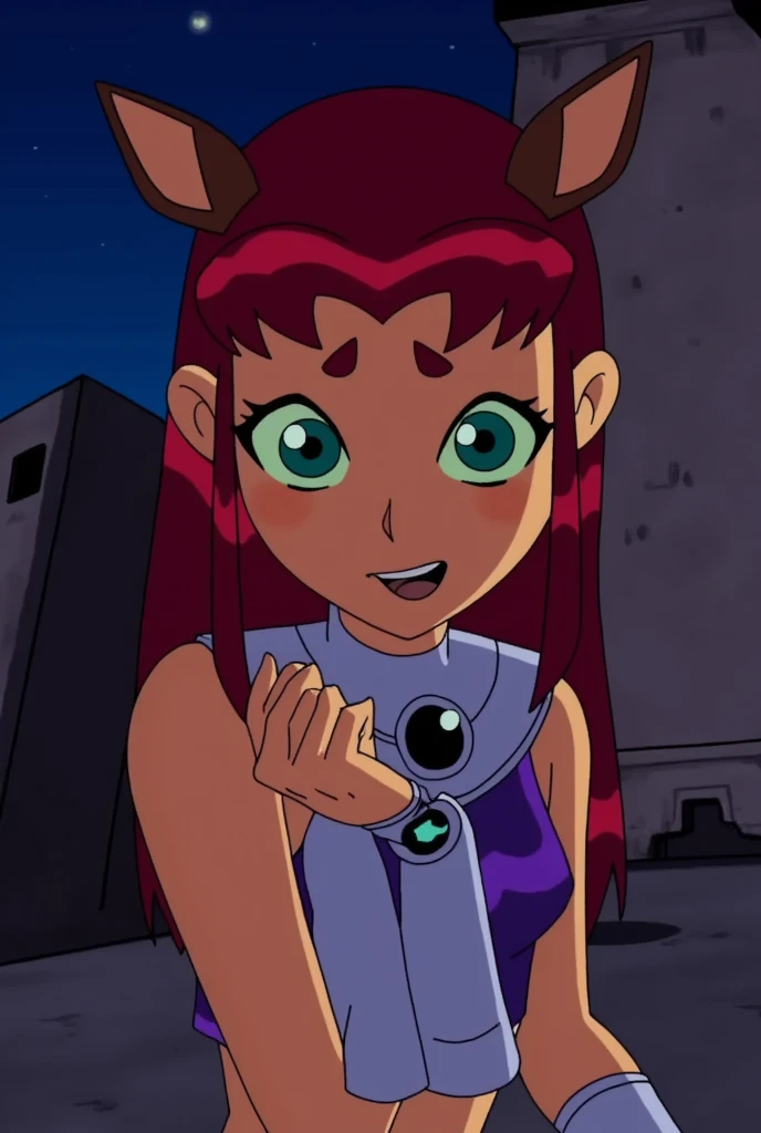 in a forest, light beams, best quality, cartoon, 2d, 1girl, young Starfire, holding two dicks, sucking dick, 2men, tan, orange hair <lora:starfireTeenTitans_v1:0.8> <lora:doubledick_v10:0.9>