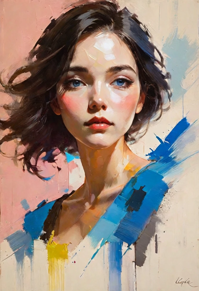 Create a contemporary portrait of a person in the expressive and painterly style of Malcolm Liepke, utilizing a palette of light pink, muted blue, dark grayish blue, bright blue, very dark gray, and light grayish blue. The portrait should feature a close-up of the subject's face with strong, dynamic brushstrokes and a focus on capturing the depth and texture characteristic of Liepke's work. Use light pink and bright blue for the highlights and vibrant areas, while employing muted blue, dark grayish blue, very dark gray, and light grayish blue to create shadows and depth. Ensure the background complements the portrait with subtle variations of the same color palette, evoking a sense of modern elegance and emotional intensity