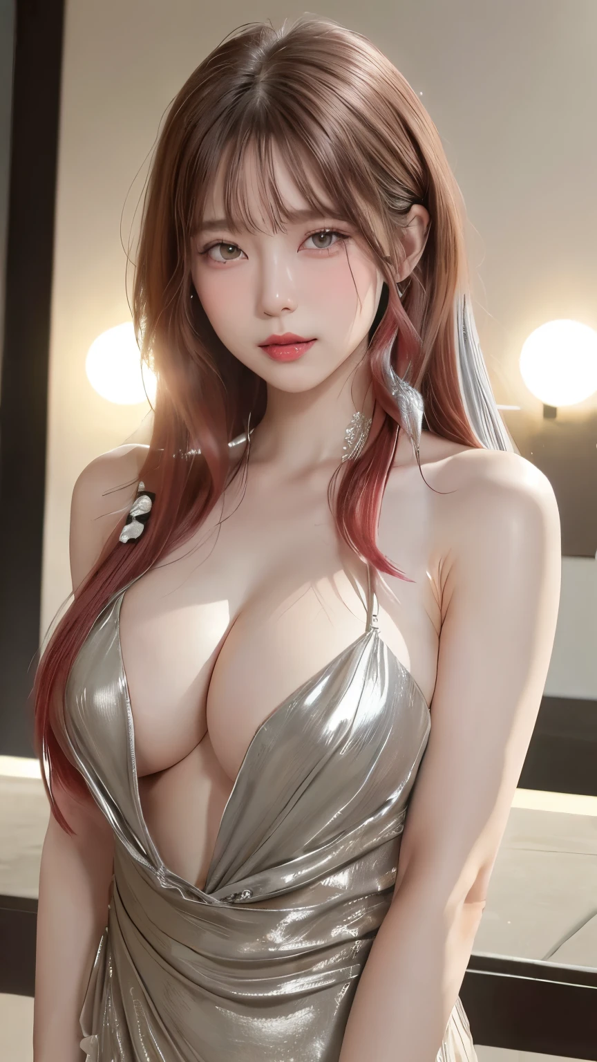 8k, RAW Photos, Best Quality, masterpiece: 1.2、(( Upper Body Photo :2.2))、 very detailed、Super Resolution、 natural colored lips when you take them off、Lip gloss、Heavy eye makeup、Long eyelashes、smile、Red Hair、Half Up Hair、 off shoulder dress、deep v-neck clothes、((metallic silver dress))、(( Exposing Dress :1.6))、((Big Breasts:1.5))、Simple Background:1.5、Cinema Lighting、Professional photographer