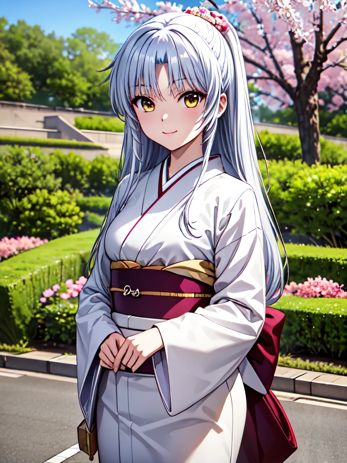 Best Quality,  very high quality,whole body、Kanade Tachibana,One Girl、solo、Silver Hair、Charming yellow eyes 、 very detailed faces 、smile、Closed Mouth,garden、cherry blossoms、 beautiful cherry blossoms blooming beautifully、stroll,(Japanese Kimono:1.3),　Highest quality、smile4Ｋ，8Ｋ,(Genuine、Genuine志向、写真Genuine志向:1.5）、 High Resolution 、超 High Resolution 、Ultra-high definition paintings、 Attractive beautiful eyes、 ( beautiful eyes drawn in detail:1.2), Ultra-detailed, figure, beautiful detailed eyes, cowboy shot