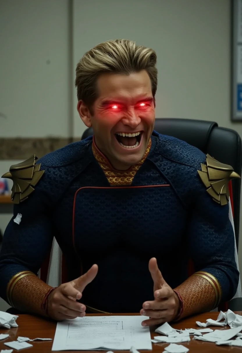 Homelander wearing a superhero outfit with a cape, sitting at a desk doing homework, angry, frustrated, crying, destroying homework, glowing red eyes