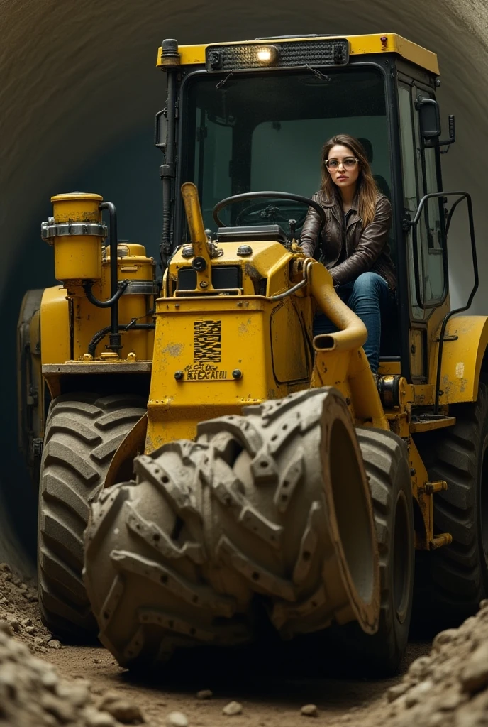  vehicle with a drill at the tip 、Yellow vehicle 、 woman wearing goggles in a leather jacket in the cockpit、 woman's cheeks are slightly dirty 、Cool、 tunneling underground 、High-definition real photo、16K Quality