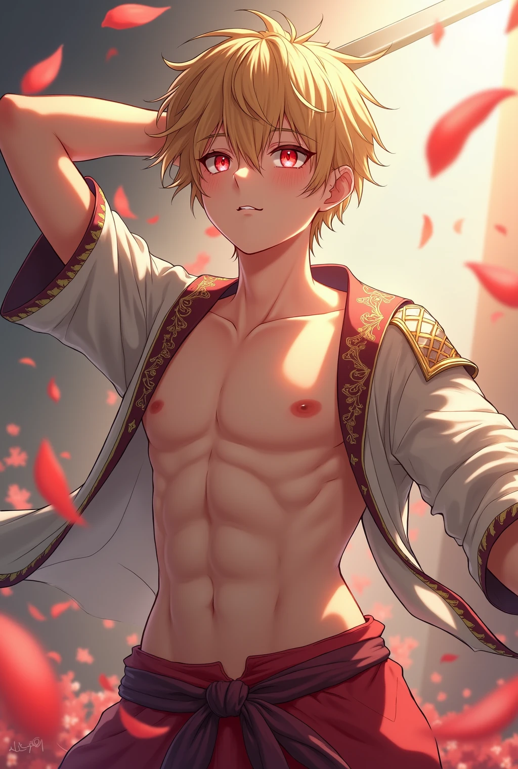 absurdres, highres, ultra detailed, HDR, master piece, best quality, Tartaglia, orange-brown hair, expressive blue eyes, Genshin impact, solo, sexy man, handsome, lewd, horny, garden, red roses, red petals