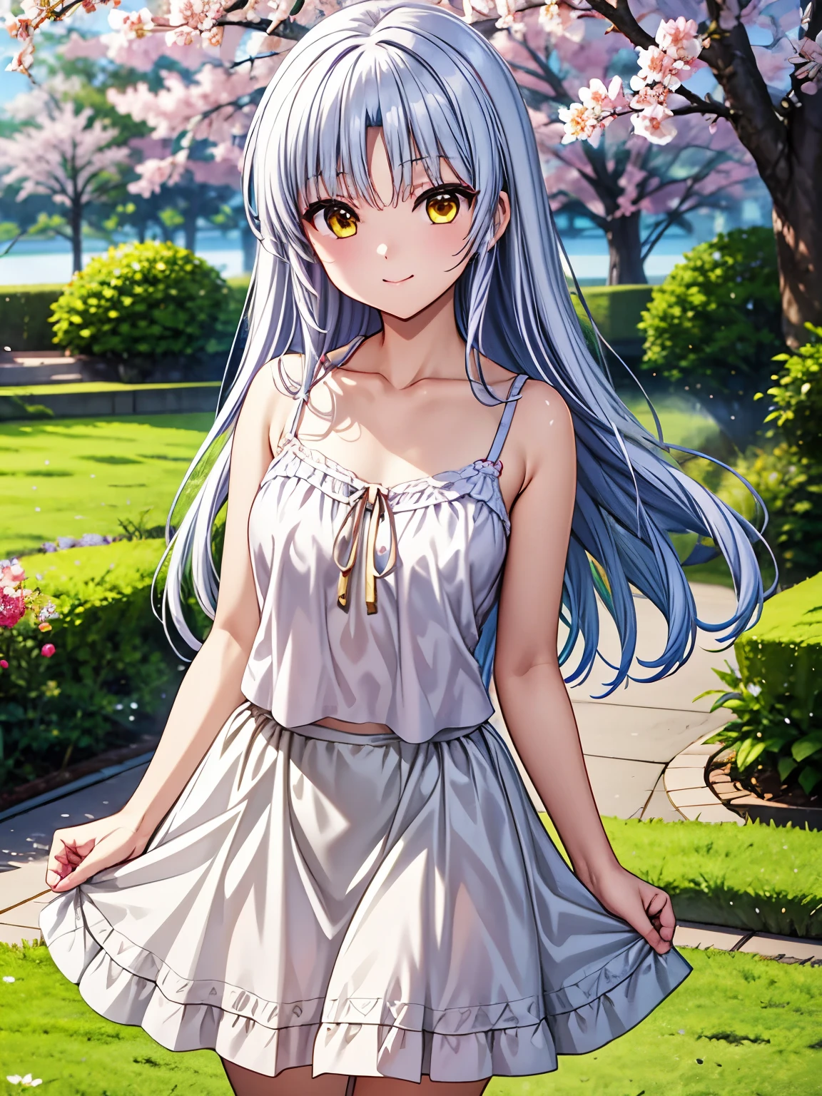 Best Quality,  very high quality,Kanade Tachibana,One Girl、solo、Silver Hair、Charming yellow eyes 、 very detailed faces 、smile、Closed Mouth,garden、cherry blossoms、 beautiful cherry blossoms blooming beautifully、stroll,(camisole、skirt:1.3),　Highest quality、smile4Ｋ，8Ｋ,(Genuine、Genuine志向、写真Genuine志向:1.5）、 High Resolution 、超 High Resolution 、Ultra-high definition paintings、 Attractive beautiful eyes、 ( beautiful eyes drawn in detail:1.2), Ultra-detailed, figure, beautiful detailed eyes, cowboy shot、