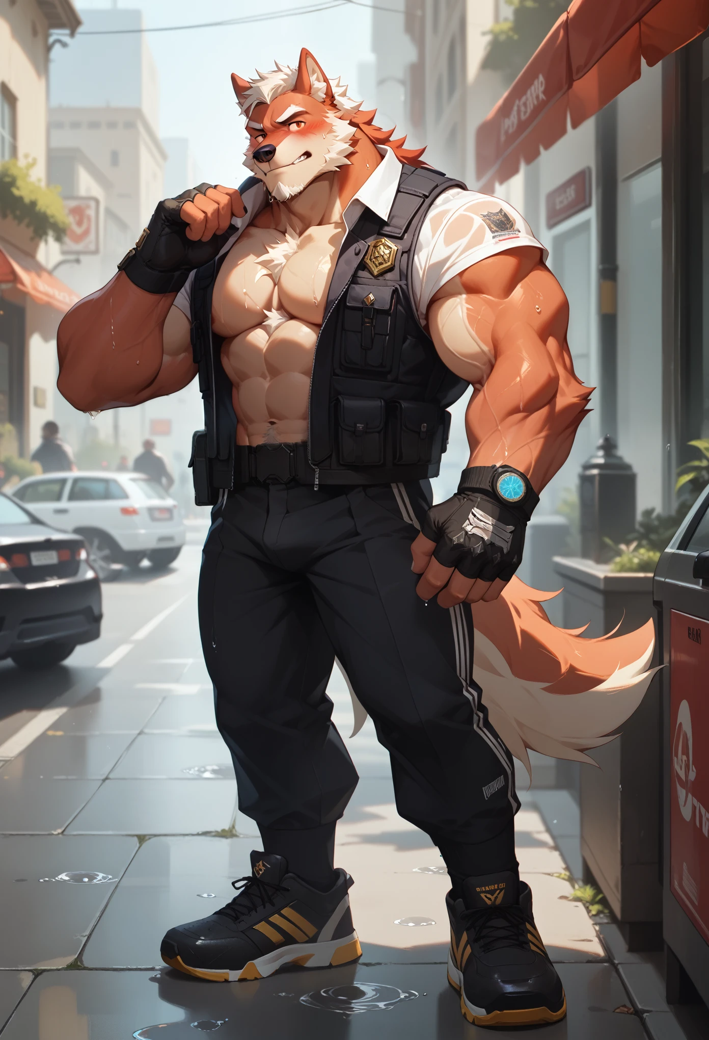 Best quality, masterpiece,ultra high res,detailed background,realistic, real shadow and light,depth of field, looking at the viewer, strong arm and veins, Close up, there is a male Gray wolf, there are standing at sidewalk, commission for high res, bare chest, anthropomorphic, muscular chest, highly detailed full body, strong and imposing, detailed full body, muscular character, extra detailed body, macho pose, body detailed, (looking form beside), wet body, sweaty, beard, bulletproof vest, huge crotch, body hair, red face, blushes up, standing at sidewalk, bare chest, older, elder, beard, erection, erection under his pants, embarrassed, black gloves, close up, open vest, open chest, 