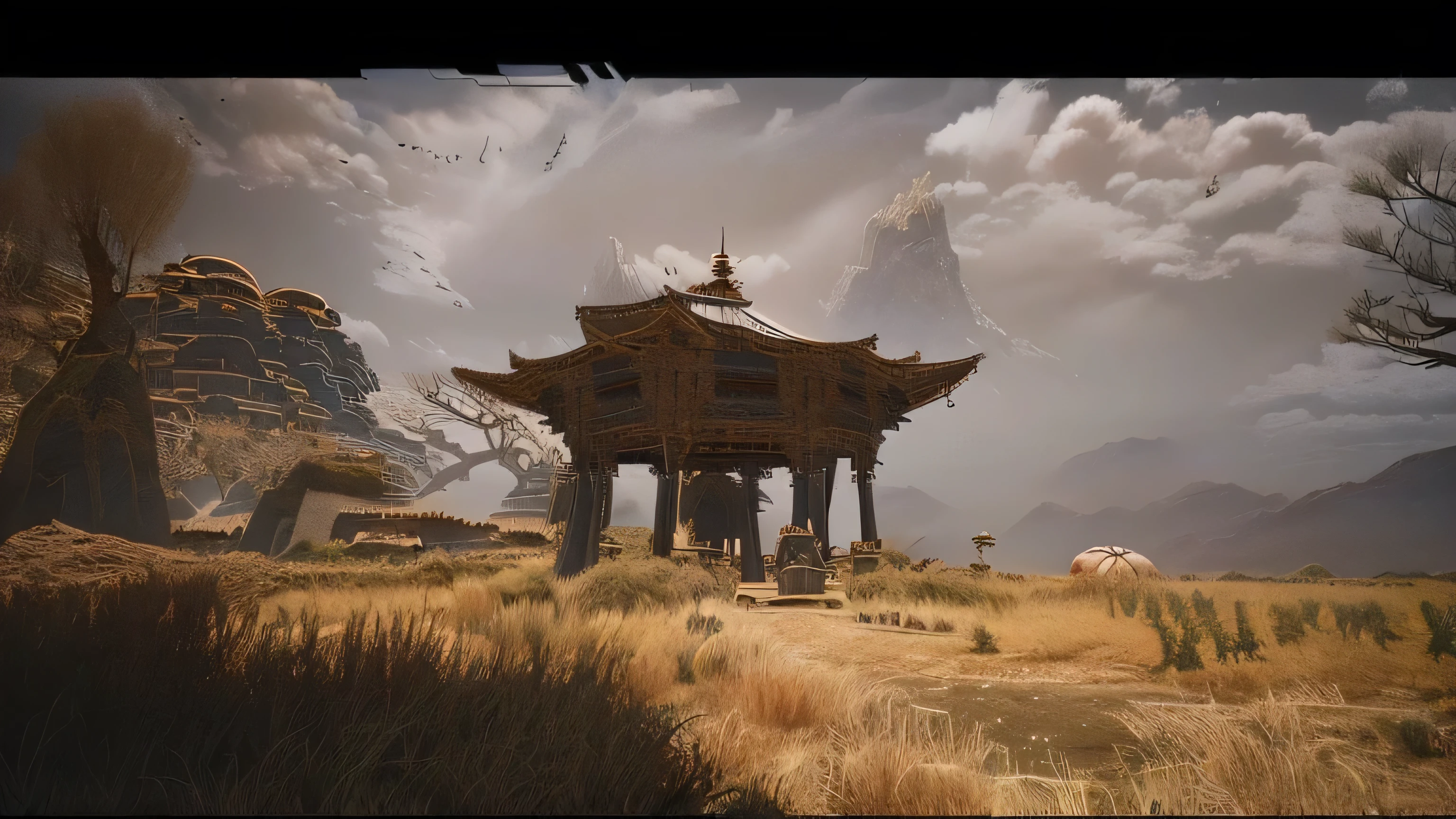  with a small gazebo in the middle of a field ,  The Beastlands  , Highly realistic concept art, Sci-fi Mongolian Village,  4k conceptual art and surrealism, Complex and epic concept art, Highly detailed matte painting, Highly detailed concept art,  ultra-fine 3D matte painting ,  cinematic opening footage , Ultra-detailed 3D painting, Film environment design