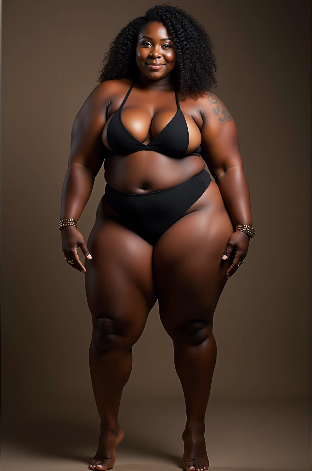 Create a dark-skinned woman with a large backside, naked from the back.