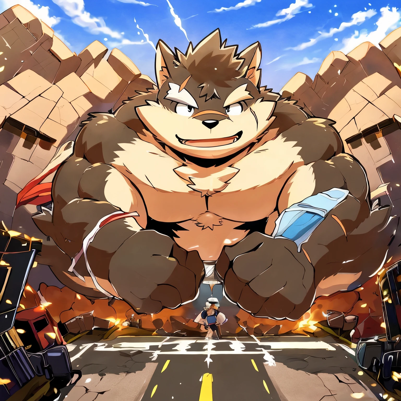 author: Takemoto Arashi, (1 boy), one, Moritaka, Scars, Men, second test , beautiful, sexual, Attractive guy, (), Brew, Teeth, (masterpiece, High resolution, High quality ), 4K, portrait, beautiful shadow, focus on chest muscles, nipple, underwear, The as big as a mountain Moritaka in the road of modern city,Moritaka(massiv:3.0,big muscle:1.1( red and gray ,Heavyweight ,stark,Macro:1.5, emphasize the huge size, step on the ruins )),background(( the collapsing building , raise small spoke ,the little sparks, the crack in the street )),soffit