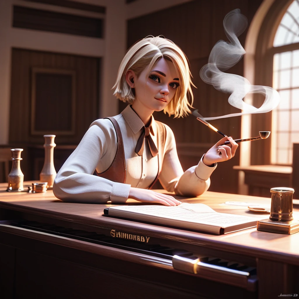 sexy cowgirl in a Saloon in the Old West,Blonde,Sitting,Smoking Pipe,Table Wisky,Piano,6 Bullet Revolver,Barrel ,Dust,Artwork,3D,4K,Detailed,Realistic
