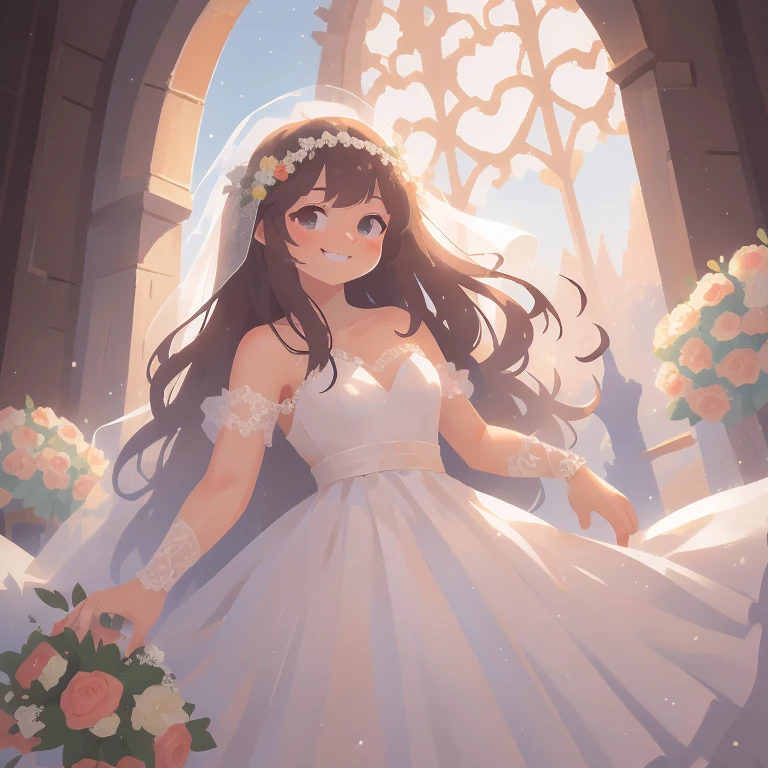 (best quality, masterpiece:1.2), (realistic:1.3),, (ultra-detailed background, detailed background), bokeh,, , gorgeous prom dresses, luxury prom dresses, wedding dress, bridal veil, bridal gauntlets, bridal cascading bouquet,, upper body,, wedding at church,, , 1girl, cute, teenage, posing, smiling,, dynamic angle, dynamic pose,, , very long hair