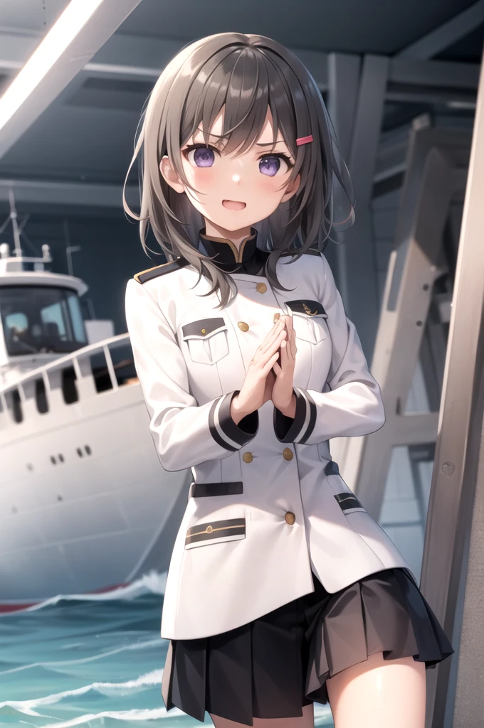 Best Quality, masterpiece, detailed,
Chinamoeka  ,
 1 girl,   Open your mouth ,  serious but light smile ,
Brown Hair, Purple eyes, short hair, Hair Clip,
uniform,   white jacket  , breast pocket,   Black Skirt,
standing,   viewers ,  serious look,Fighting pose,AioのCombat Stance,Aio使い,  during a martial arts match  ,  when fighting in martial arts matches
Ocean, (boat, military vehicle:1.2), A little thick,Aio player、Aio、Inside the Aio Gymnasium、On the tatami、discovery、Combat Ready、Intense Battle、whole body、Combat Stance、 spread your legs、Clenched hands、幼い頃Aio家に育てられた.
