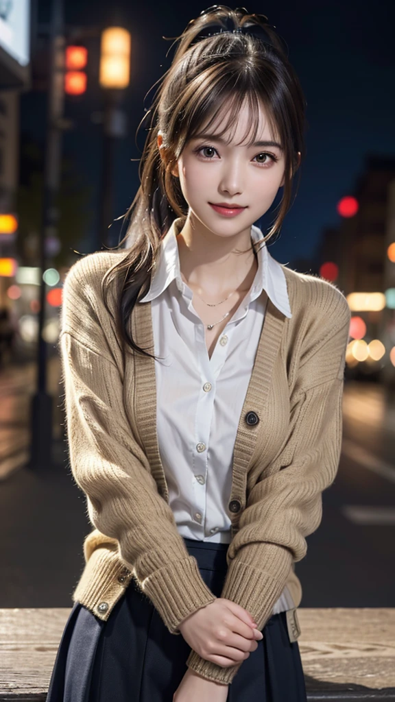 A girl,(employment.correct:1.4)、( Collar Shirt:1.4), (Cardigan:1.3),(Long skirt:1.3)、(RAW images, Highest quality), (It is true,  realistic style :1.4), (My hair is a mess.,  , hair, asymmetrical hair, ,  Dark brown hair,ponytail:1.3),smile、  Delicate and very beautiful  ,  Detailsมาก, 8k wallpaper, wonderful,  Details,  DetailsมากなCG Unity,  high resolution , soft light, สาวสวยวัย 19 ปีที่มี Detailsสวยงาม,  Detailsมากな目と顔, Beautiful and fine nose ,  Detailsที่สวยงาม, cinema lighting system , night city lighting , Perfect anatomy ,Slender figure,   big breasts