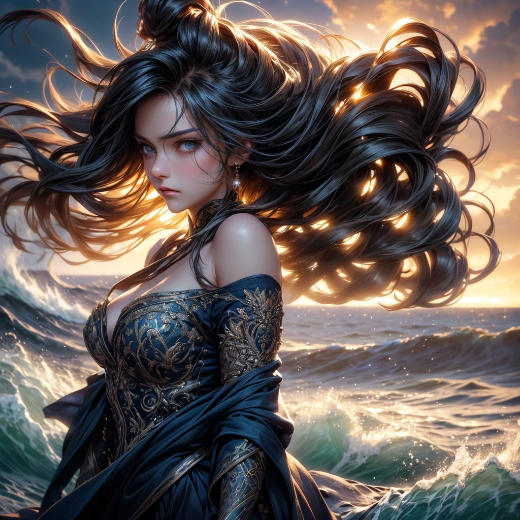 "(((Masterpiece, ultra quality, hyper-detailed, realistic anime style, SDXL, 8K resolution, cinematic lighting, dynamic shadows, perfect pixel, highly detailed textures))), full body view of 1 woman standing on a rocky cliff at dusk. ((Short, messy silver hair)), blowing in the wind, ((piercing teal eyes:1.4, glowing softly against the twilight)). Her expression is focused, determined, as she gazes out over a vast ocean.

She wears a tattered, flowing navy-blue cloak, with golden embroidery on the edges, flapping dramatically behind her in the wind. Underneath, her outfit is a mix of armor and fabric—polished, worn silver chest plate with intricate designs, combined with rugged leather straps and belts that hint at her adventurous spirit. 

((Confident, grounded stance)), her left hand rests on the hilt of a gleaming sword, partially unsheathed, while her right hand is raised, palm open, as if sensing the energy of the coming storm. 

The background is a dramatic scene of a darkening sky, heavy clouds swirling above, with faint streaks of lightning illuminating the horizon. Waves crash against the cliffside, and the wind whips through the scene, adding motion and energy to the composition. The light from the fading sun casts long shadows and a golden glow across her form, highlighting the textures of her armor, the sharp lines of her face, and the wild elements surrounding her."