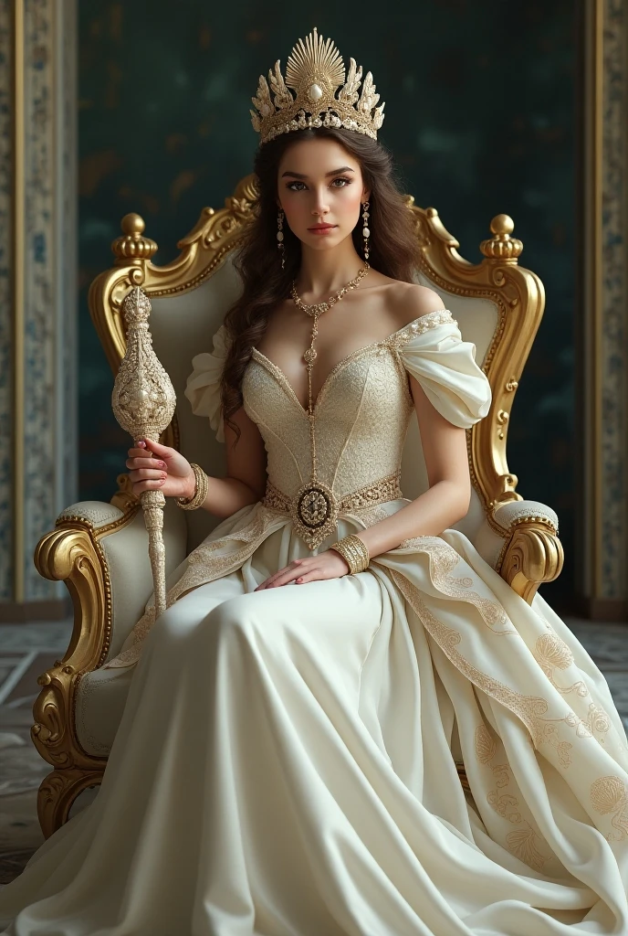  A portrait of a graceful queen inspired by the city of Aveiro ,  crowned with seashells and holding a scepter in the shape of a gondola . Her dress flows like canals ,  and her throne is made of delicate tiles with aquatic motifs ,  that represent the city's connection with the sea and its famous waterways.