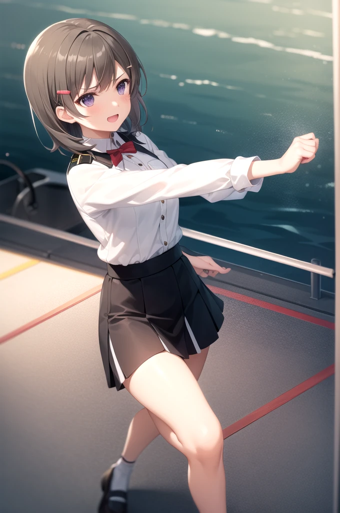 Best Quality, masterpiece, detailed,
Chinamoeka  ,
 1 girl,   Open your mouth ,  serious but light smile ,
Brown Hair, Purple eyes, short hair, Hair Clip,
uniform,   white jacket  , breast pocket,   Black Skirt,
standing,   viewers ,  serious look,Fighting pose,AioのCombat Stance,Aio使い,  during a martial arts match  ,  when fighting in martial arts matches
Ocean, (boat, military vehicle:1.2), A little thick,Aio player、Aio、Inside the Aio Gymnasium、On the tatami、discovery、Combat Ready、Intense Battle、whole body、Combat Stance、 spread your legs、Clenched hands、幼い頃Aio家に育てられた.
