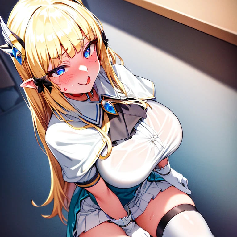 (hyper extreme detailed), (masterpiece), (hyper extreme), (photorealistic), CG, (colour:1.2), solo, cowboy shot, from above, looking at view, 1girl, aasaren, long hair, blonde hair, hair bow, black bow, hair ornament, blunt bangs, pointy ears, large breasts, brooch, white cape, aqua dress, underbust, short sleeves, white gloves, white skirt, frilled skirt, white thighhighs, shiny hair, glow eyes, shiny skin, (leashed collar:1.5), (eager pet pose:1.5), (squatting, open legs:1.2), (dining room, under desk:1.3), nsfw, (sensual fallen smile:1.3), (heart-shaped pupils:1.1), (fellatio gesture:1.5), (open mouth, tongue out:1.3), (vulgarity:1.3), (fucked silly:1.3), (steam:0.8), (wet:0.8), (trembling:1.3), (trembling effect:1.3), (drooling:1.1), sweat, (crotch tattoo:1.2)