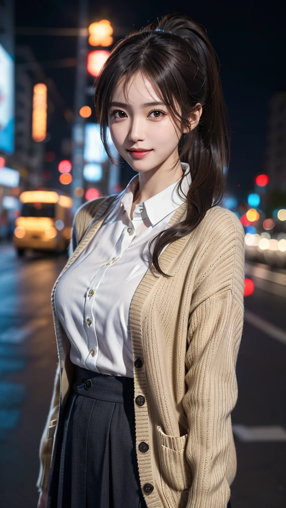 A girl,(employment.correct:1.4)、( Collar Shirt:1.4), (Cardigan:1.3),(Long skirt:1.3)、(RAW images, Highest quality), (It is true,  realistic style :1.4), (My hair is a mess.,  , hair, asymmetrical hair, ,  Dark brown hair,ponytail:1.3),smile、  Delicate and very beautiful  ,  Detailsมาก, 8k wallpaper, wonderful,  Details,  DetailsมากなCG Unity,  high resolution , soft light, สาวสวยวัย 19 ปีที่มี Detailsสวยงาม,  Detailsมากな目と顔, Beautiful and fine nose ,  Detailsที่สวยงาม, cinema lighting system , night city lighting , Perfect anatomy ,Slender figure,  Very big breasts