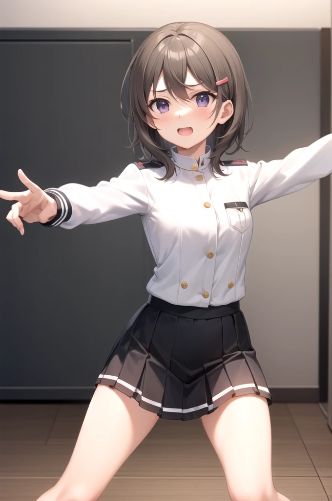 Best Quality, masterpiece, detailed,
Chinamoeka  ,
 1 girl,   Open your mouth ,  serious but light smile ,
Brown Hair, Purple eyes, short hair, Hair Clip,
uniform,   white jacket  , breast pocket,   Black Skirt,
standing,   viewers ,  serious look,Fighting pose,AioのCombat Stance,Aio使い,  during a martial arts match  ,  when fighting in martial arts matches
Ocean, (boat, military vehicle:1.2), A little thick,Aio player、Aio、Inside the Aio Gymnasium、On the tatami、discovery、Combat Ready、Intense Battle、whole body、Combat Stance、 spread your legs、Clenched hands、幼い頃Aio家に育てられた.
