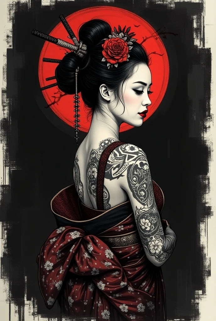 ((Meisterwerk, good quality, artgerm, artstation)),(beautiful japanese woman, Traditional tattoo, Perfect body, sinnlich, pretty face:1.3),intricate ultra detailliert, lebendige Farbe, Painting of a woman with a tattoo on her back, artstyle Boris Vallejo und Artgerm, Sakimi, beautiful digital artwork, Japanischer Kunststil, Luis Royo uhd, detaillierte Malerei 4 k, Complicated oil painting artwork