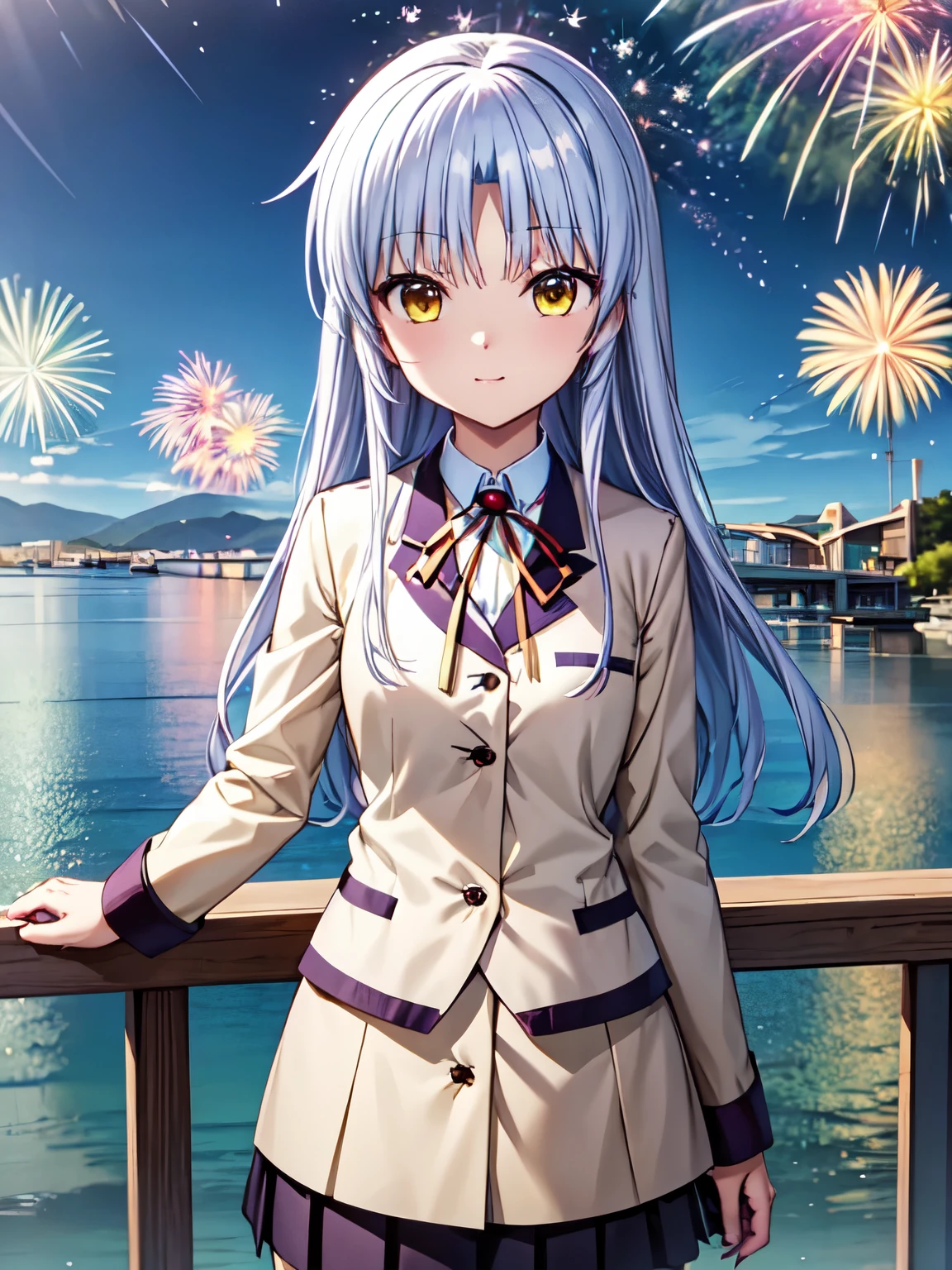 Best Quality,  very high quality,Kanade Tachibana,(night、綺麗なnight空:1.2)、One Girl、solo、Silver Hair、Charming yellow eyes 、firework、(firework,night空に咲く大輪のfirework:1.2)、uniform