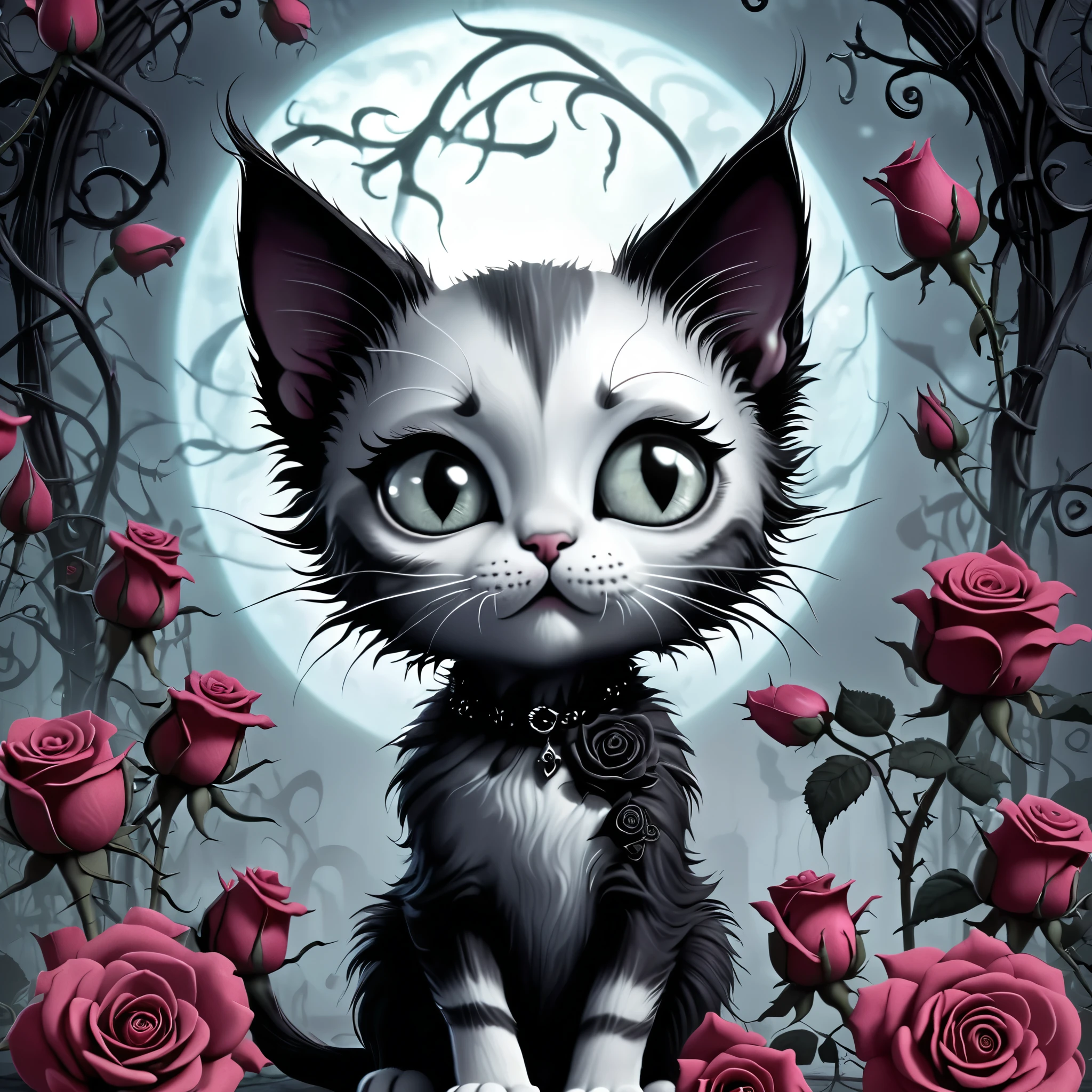 In this ultra-detailed CG art, the adorable gothic kitten surrounded by ethereal roses, best quality, high resolution, intricate details, dark fantasy, illustration, Tim Burton Style | ((More_Detail))