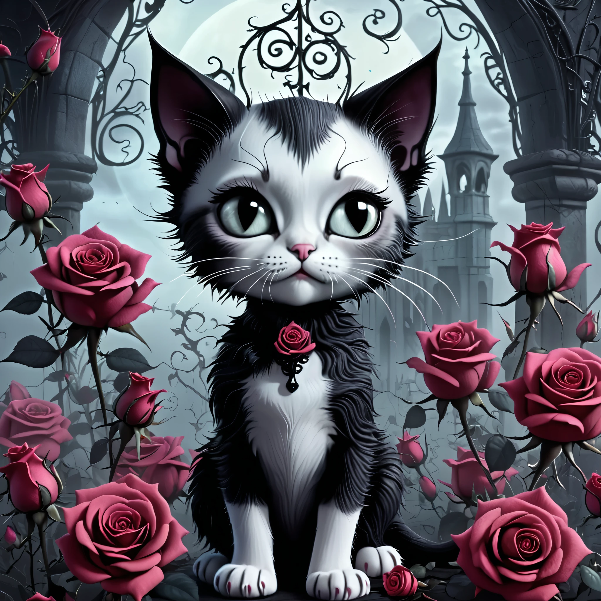 In this ultra-detailed CG art, the adorable gothic kitten surrounded by ethereal roses, best quality, high resolution, intricate details, dark fantasy, illustration, Tim Burton Style | ((More_Detail))