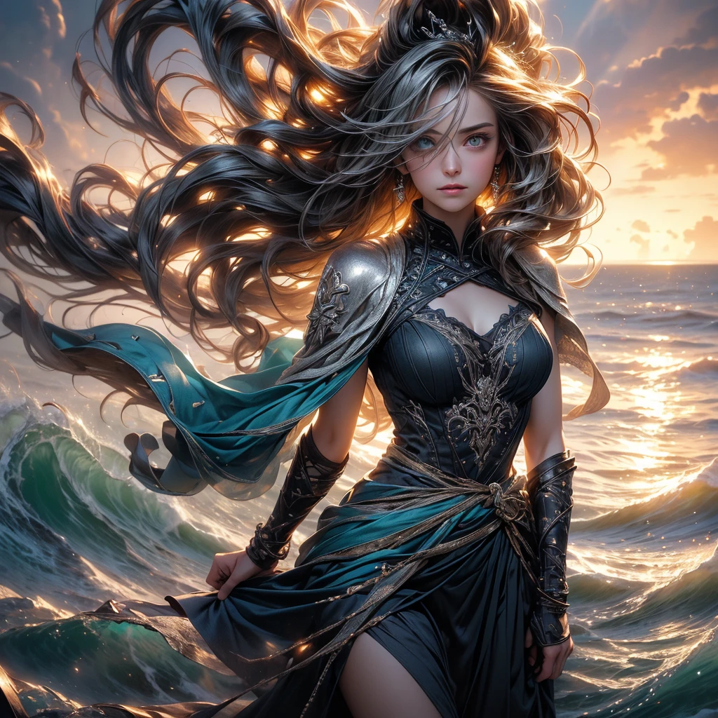 1girl,Beautiful,Magic Style,best quality,masterpiece,(rainbow-candy:0.8),(Half-body:1.3),Ocean,Cool Tone,low saturation,