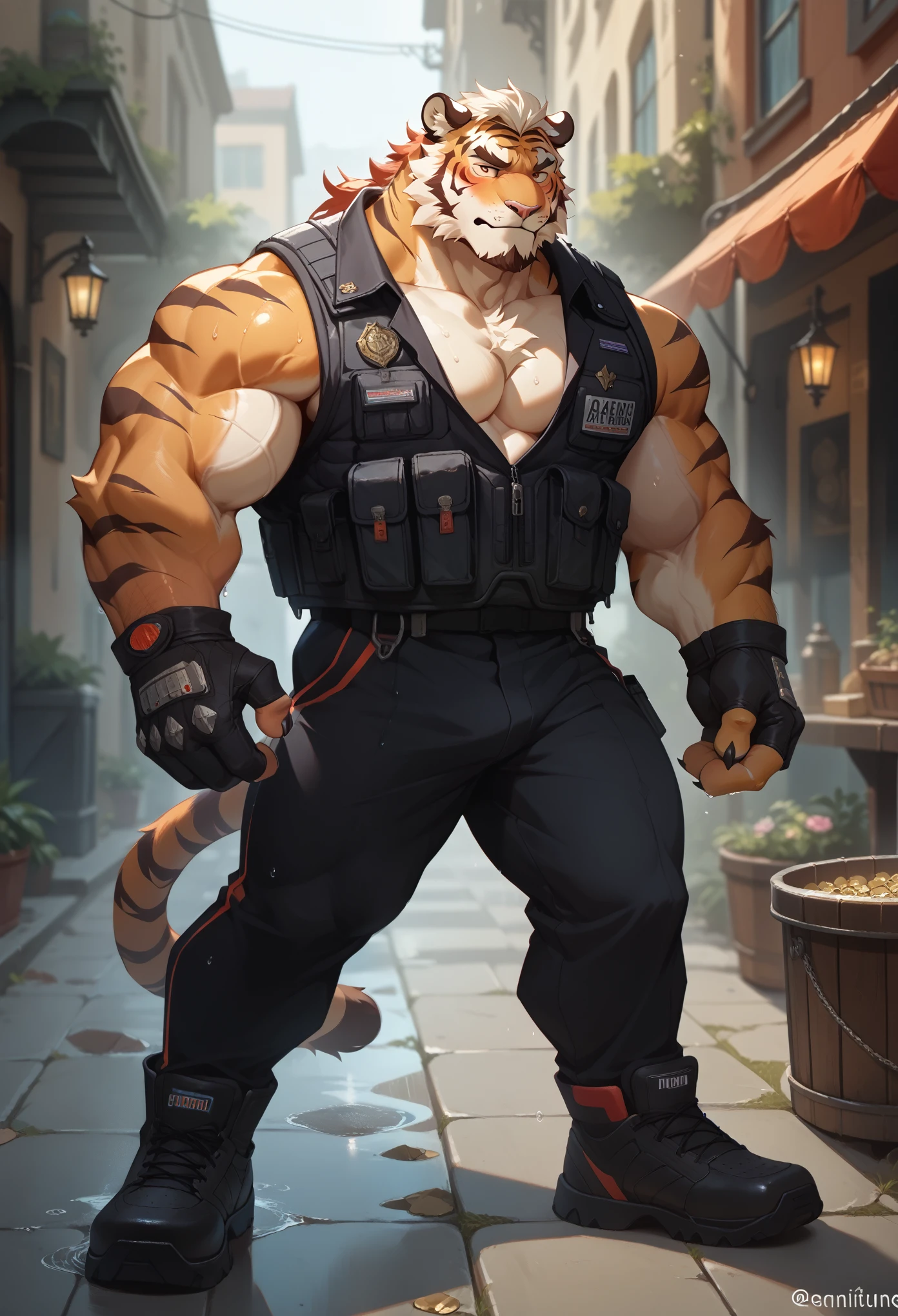 Best quality, masterpiece,ultra high res,detailed background,realistic, real shadow and light,depth of field, looking at the viewer, strong arm and veins, Close up, there is a male tiger, there are standing at sidewalk, commission for high res, bare chest, anthropomorphic, muscular chest, highly detailed full body, strong and imposing, detailed full body, muscular character, extra detailed body, macho pose, body detailed, (looking form beside), wet body, sweaty, beard, bulletproof vest, huge crotch, body hair, red face, blushes up, standing at sidewalk, bare chest, older, elder, beard, erection, erection under his pants, embarrassed, black gloves, close up, open vest, open chest, fluffy, treasure trail, chest hair.