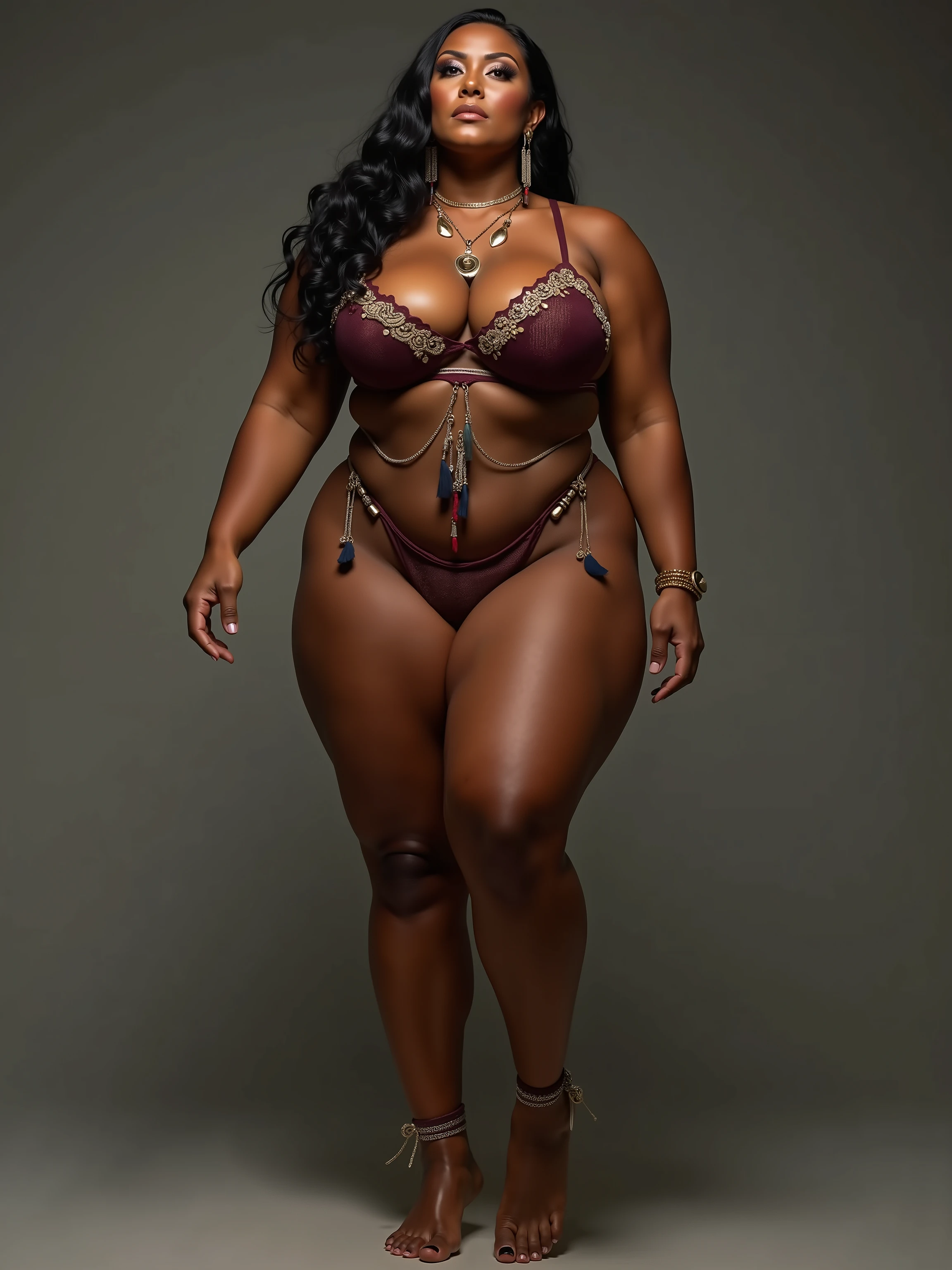 arafed woman in a bikini sitting on a box with a pole, giant stunning goddess shot, voluptuous and arousing, oiled skin, full scene shot, thick body, exaggeratedly large physique, lit from the side, powerful and huge, oiled, beautiful thick female, indian goddess, glistering!!! oiled - skin!!!, huge muscles