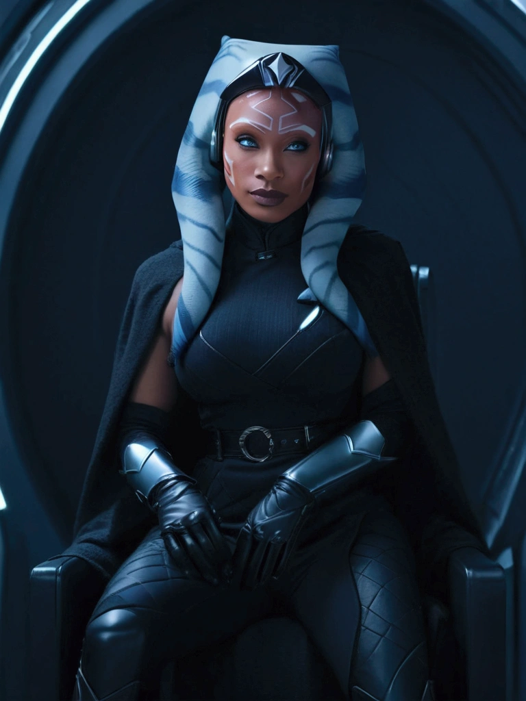 Aahsoka and ((￼ silver eyes)) sits confidently on a modern-looking chair. She is dressed in a black latex  military uniform that includes a rank plate with 6 blue squares on the top and 6 red squares on the bottom. She is wearing a black cape that falls over one of her shoulders. Her expression is serious but relaxed, with a slight smile. The . The lighting is dim, with lights in red and blue tones that highlight hegure, especially her face. She is wearing black gloves and tall boots, with one leg crossed over the other. The scene conveys authority and power, set in a futuristic or space environment, probably inside a ship or station. Everything is depicted in a comic-like drawing style, with bold lines and vibrant colors that reflect a typical comic book aesthetic.
