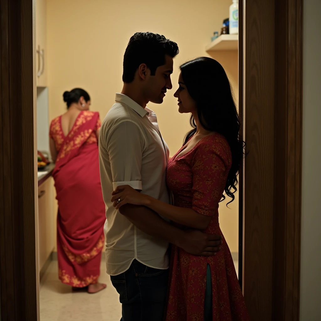 A day time scene in a well lit kitchen adjoining a lobby focusing on a short young indian man and a woman in the foreground obscured from the individual in the background, emphasizing the separation of spaces within the kitchen and lobby area. Behind the kitchen doorway, slightly to the left, the man and woman stand close together, ensuring they remain out of sight from the old indian lady dressed in a saree standing at the kitchen sink washing dishes with her back to the camera. The man is positioned slightly to the side, turning his body toward the woman in front of him, who stands directly facing him. She is dressed in a body hugging kurti hugging her Large breasts that dominate her upper body frame by stretching outward in an exaggerated manner with the rest of her body appearing much slimmer by comparison. The kurti (tunic) is fitted and features three-quarter sleeves with detailing at the hemline. The neckline is cut in a deep U-shape wide scoop, revealing her deep tantalising cleavage. Their bodies are almost touching, creating an intimate connection between them. He looks downward at her, while she tilts her head upward to meet his gaze. The lighting is volumetric, encapsulating the interaction between the two people while the third person continues her task, completely unaware of the intimacy unfolding just outside the kitchen.