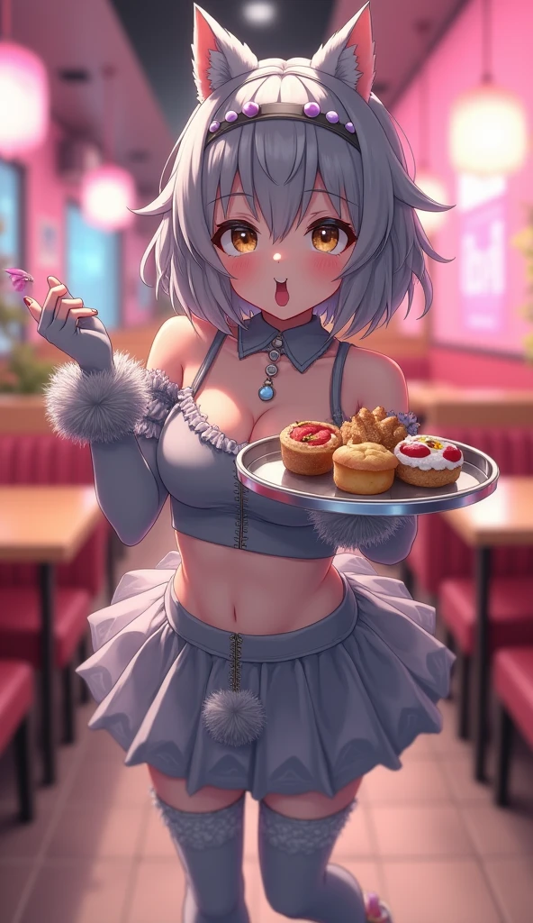 ((Full body shot: 1.5))、((One animal))、((Real female cat))、Big smile、((The background is blurred and nothing is visible))、kpop idol costumes、Cute chibi anime sitting on a plate, long pink hair with twin tails、I have cat ears、Wear a blue mini dress, Smiling, Logo is cheap、Iridescent colors、Heavily