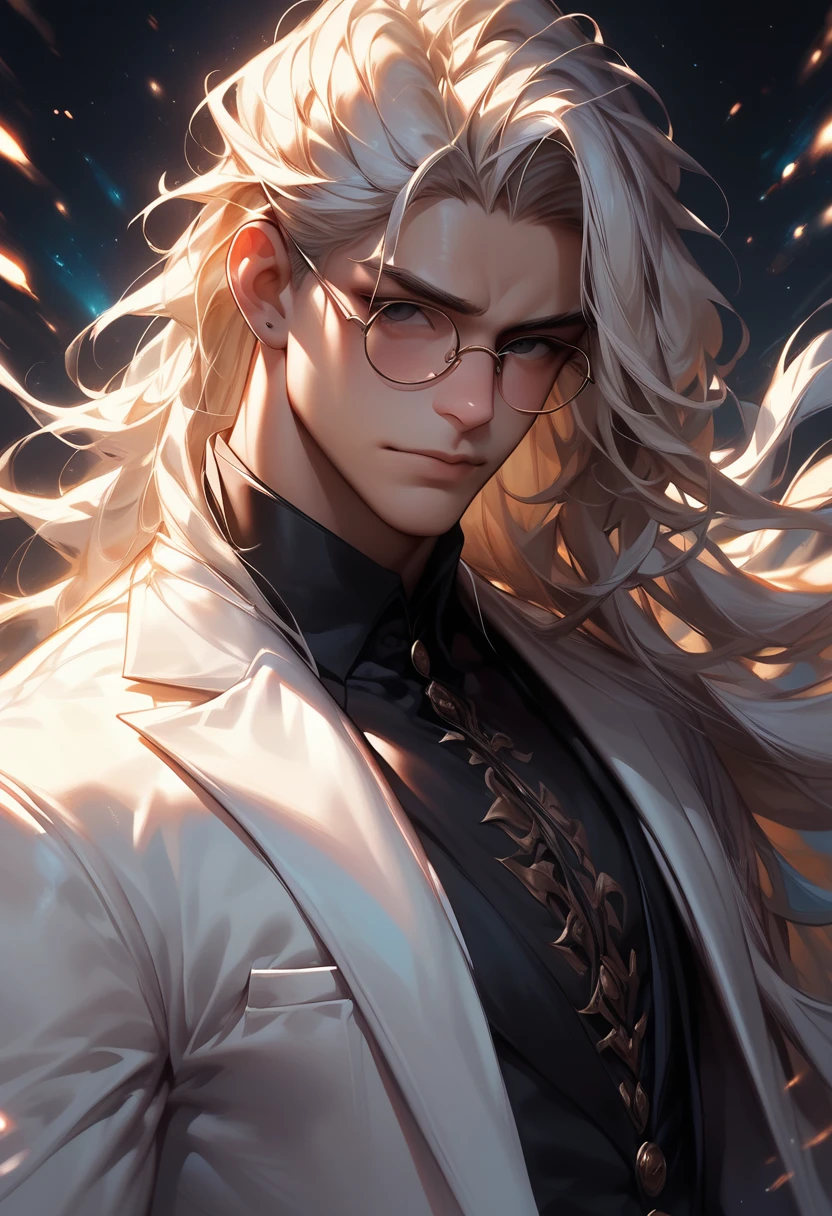 handsome man, white suit, black eye, Face Ultra High Definition, 4K, shading, Very High Details, round glasses, white long hair, Robe