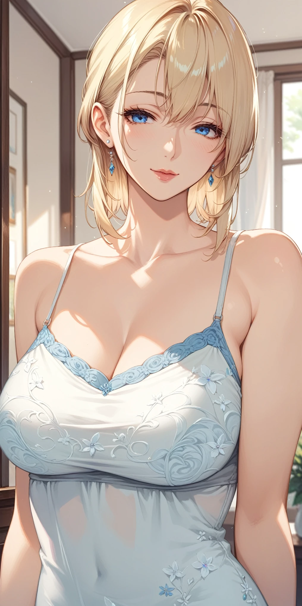 score_9, score_8_up, score_7_up, blonde, short hair, blue eyes, perfect eyes, anime milf, elegant mature woman, wise face, thin camisole, home, soft light