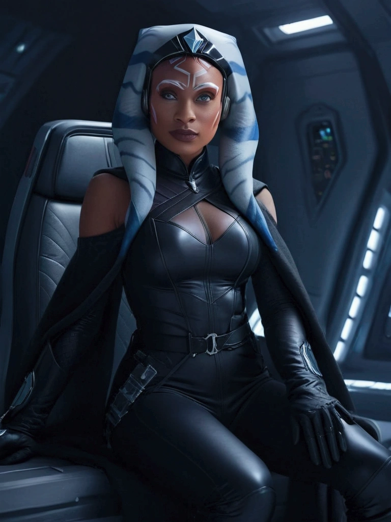 Aahsoka and ((￼ silver eyes)) sits confidently on a modern-looking chair. She is dressed in a black (latex) military (latex uniform) that includes a rank plate with 6 blue squares on the top and 6 red squares on the bottom. She is wearing a black cape that falls over one of her shoulders. Her expression is serious but relaxed, with a slight smile. The . The lighting is dim, with lights in red and blue tones that highlight hegure, especially her face. She is wearing black gloves and tall boots, with one leg crossed over the other. The scene conveys authority and power, set in a futuristic or space environment, probably inside a ship or station. Everything is depicted in a comic-like drawing style, with bold lines and vibrant colors that reflect a typical comic book aesthetic.
