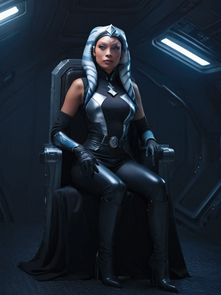 Aahsoka and ((￼ silver eyes)) sits confidently on a modern-looking chair. She is dressed in a black (latex) military (latex uniform) that includes a rank plate with 6 blue squares on the top and 6 red squares on the bottom. She is wearing a black cape that falls over one of her shoulders. Her expression is serious but relaxed, with a slight smile. The . The lighting is dim, with lights in red and blue tones that highlight hegure, especially her face. She is wearing black gloves and tall boots, with one leg crossed over the other. The scene conveys authority and power, set in a futuristic or space environment, probably inside a ship or station. Everything is depicted in a comic-like drawing style, with bold lines and vibrant colors that reflect a typical comic book aesthetic.
