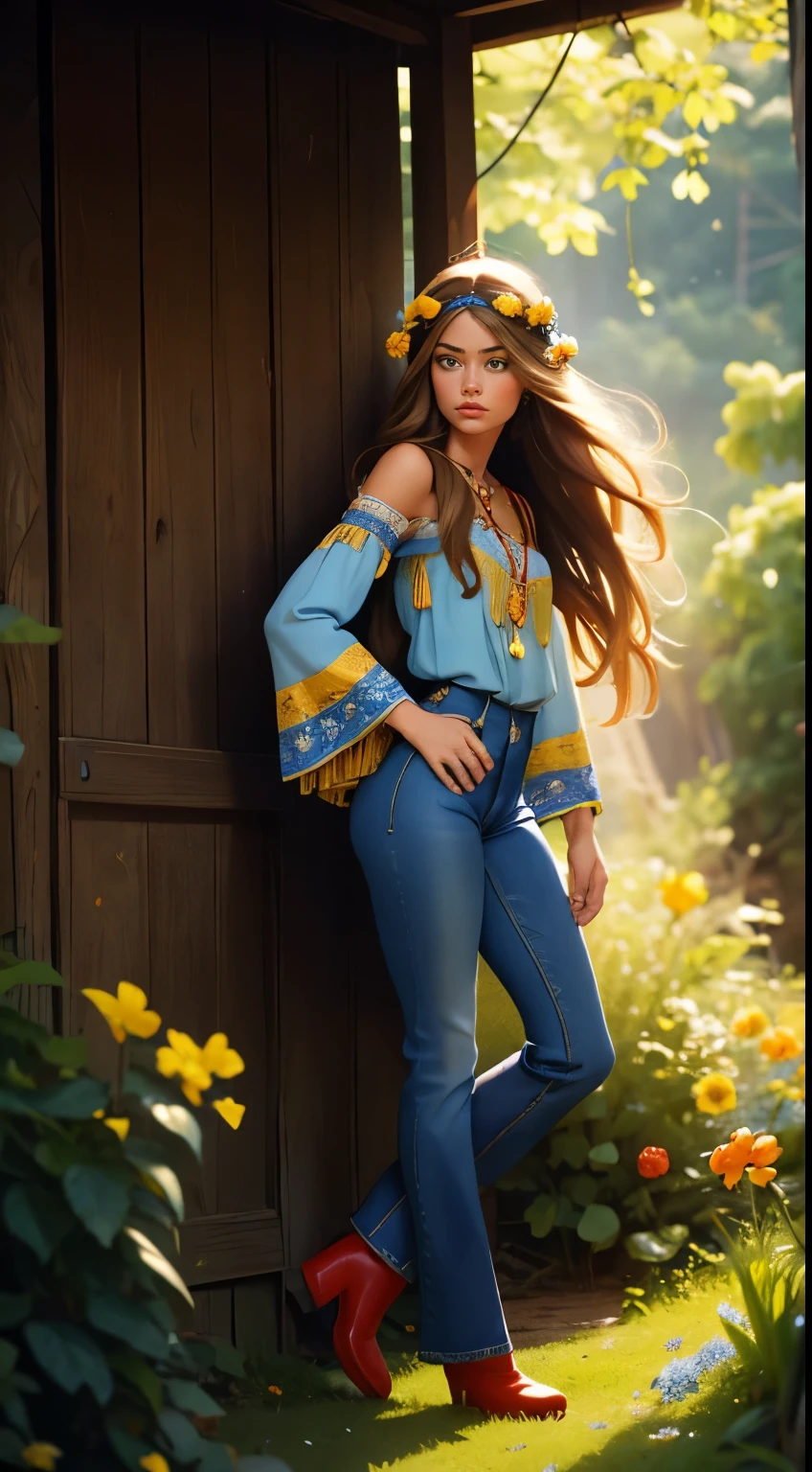 RAW photo,  on which 20-year-old Doutzen Cruz  ,  dressed in a blue embroidered peasant blouse combined with flared jeans and fringed accessories.  era She wears a headband or a wreath of blue and yellow flowers on her long hair ., flowing hair.  The setting is a bohemian-inspired outdoor music festival or a calm natural background ,  captures the freedom-loving and relaxed atmosphere of the 60Retro69Punch75 , , beautiful woman, looking over her shoulder,  leans slightly forward , Exposing her ass ,  which flows out cum , full height , red boots